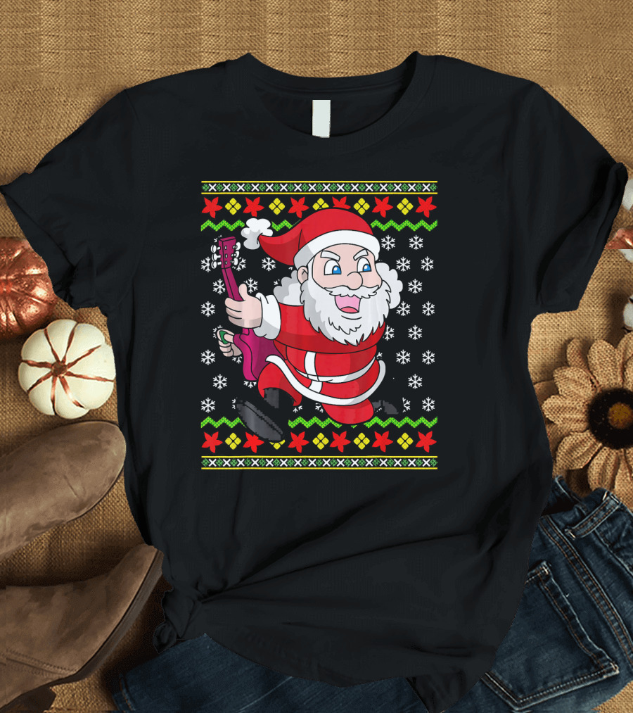 Ugly Christmas Santa Playing Guitar Festive T-Shirt