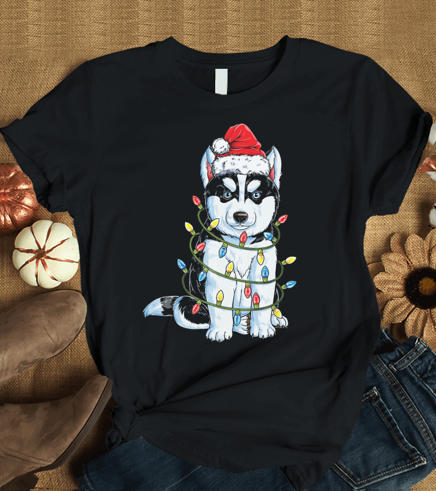 Siberian Husky Wrapped in Christmas Lights with Santa Hat T-Shirt