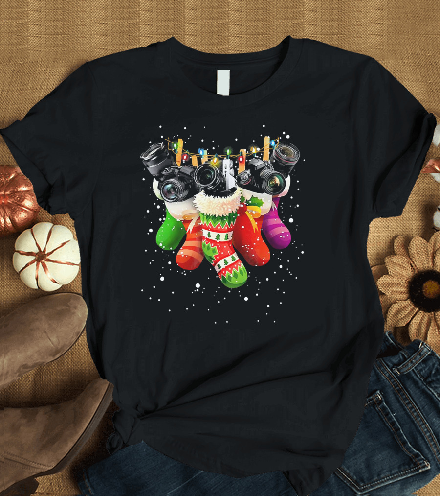 Christmas Stocking Cameras with Festive Lights for Photography Lovers T-Shirt