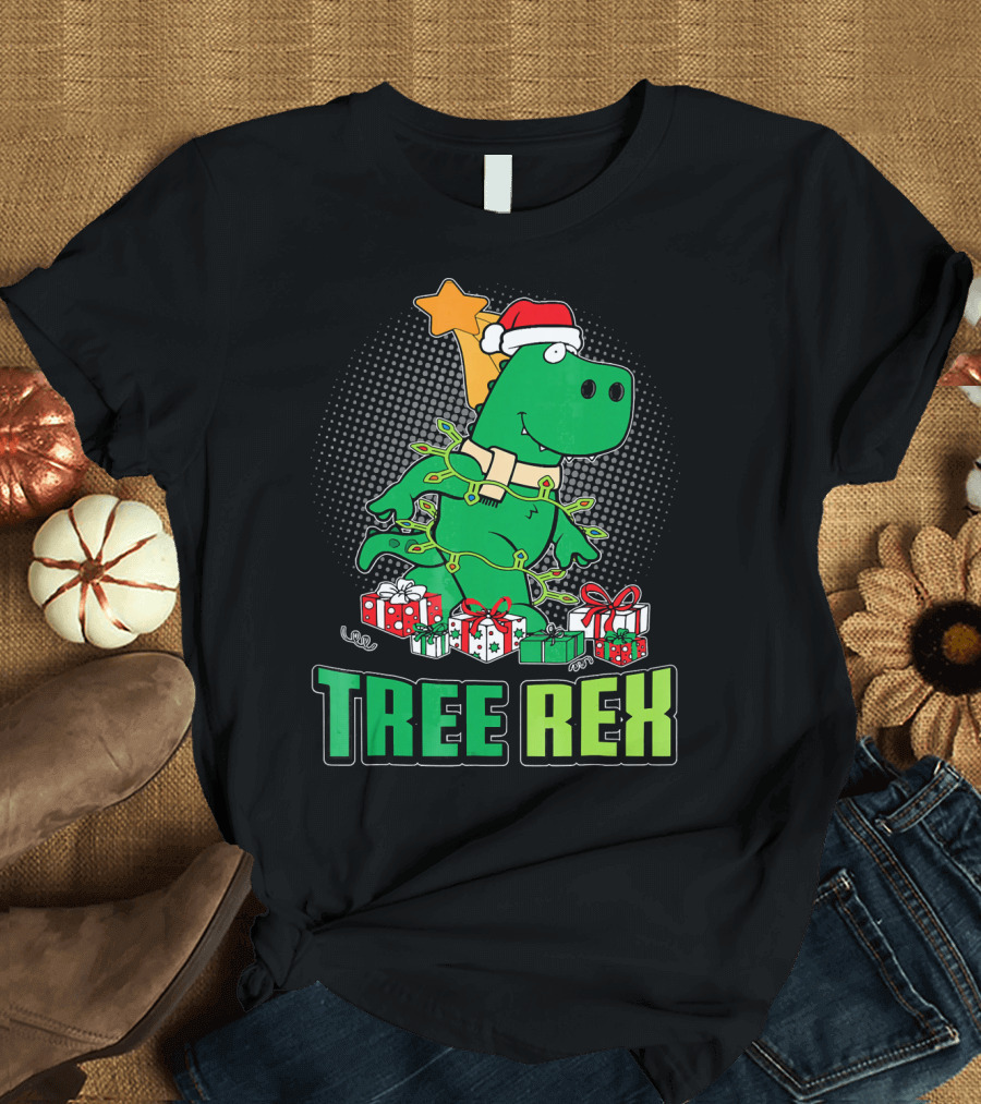 Tree Rex Funny Cute Christmas Dinosaur with Santa Hat and Gifts T-Shirt