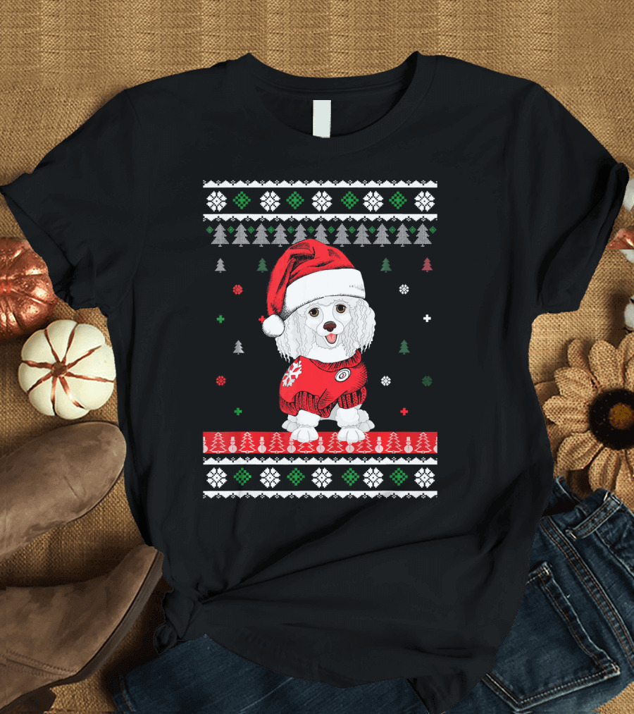 Cute Dog Standard Poodle Santa Hat Christmas Sweater Trees Snowflakes T-Shirt
