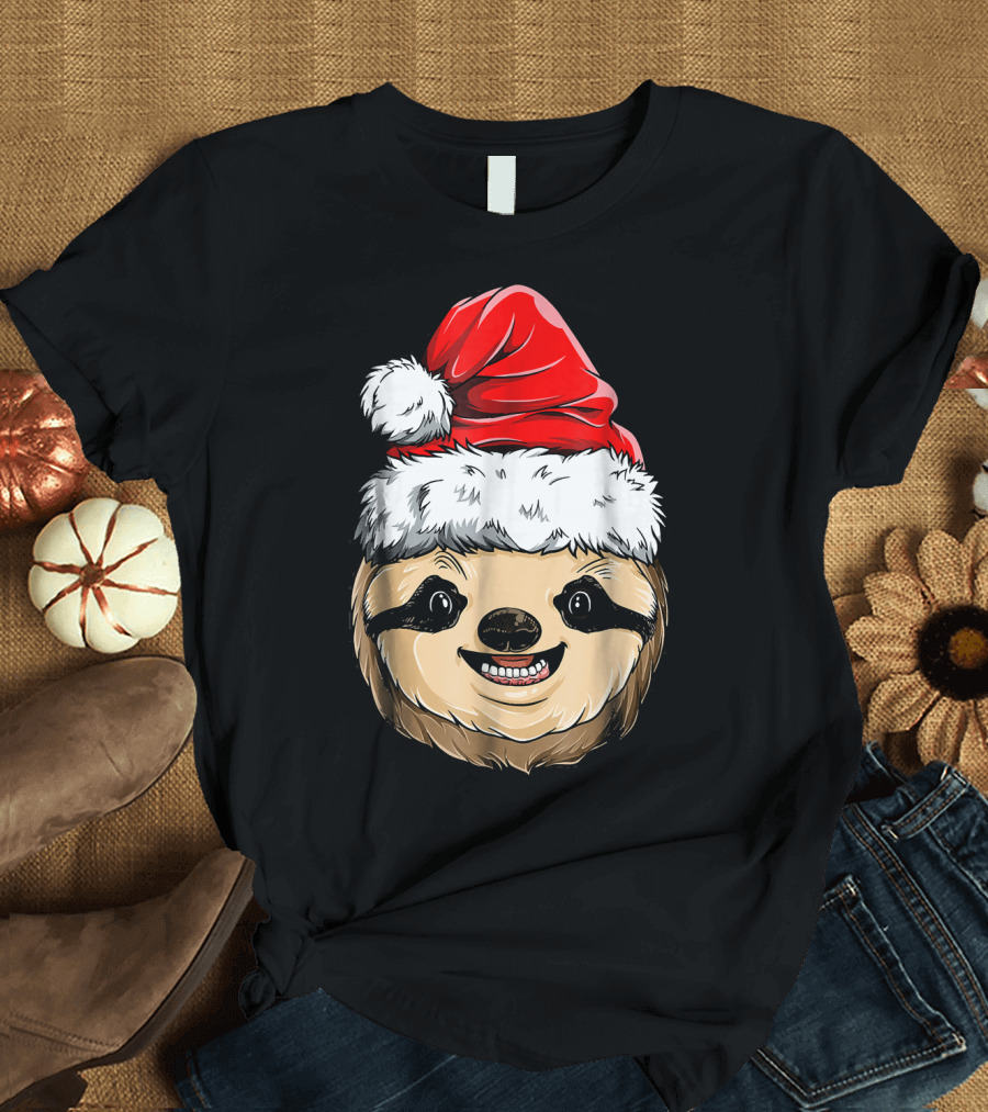 Sloth Santa Christmas Hat Cheerful Face T-Shirt