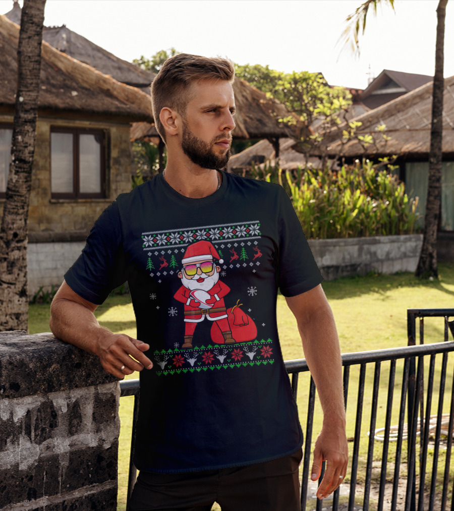 Rugby Ugly Christmas Santa Claus With Sunglasses Snowflakes Reindeer T-Shirt