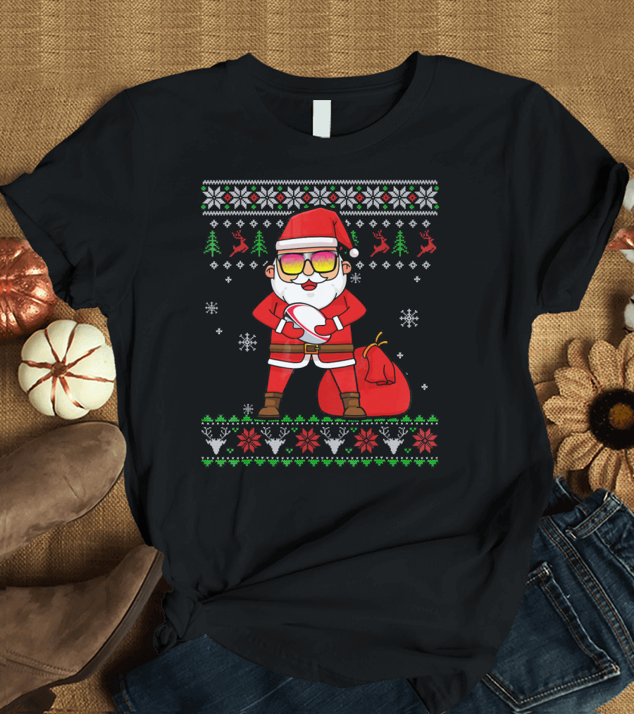 Rugby Ugly Christmas Santa Claus with Sunglasses Snowflakes Reindeer T-Shirt
