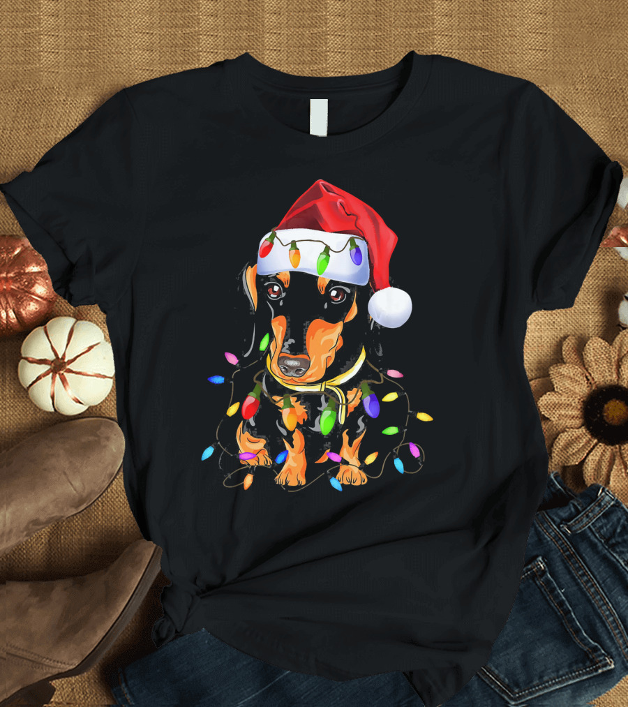 Dachshund Christmas Loves LED Lights Santa Hat T-Shirt
