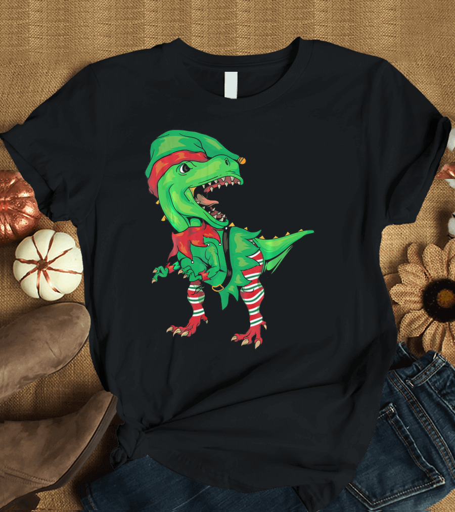 Christmas Dinosaur in Elf Costume T-Shirt