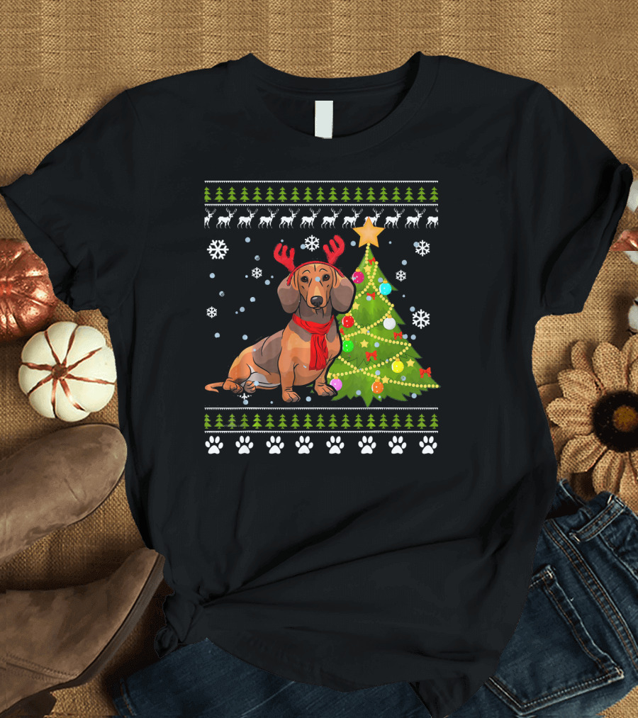 Dachshund Ugly Christmas Reindeer Antlers Christmas Tree Snowflakes T-Shirt