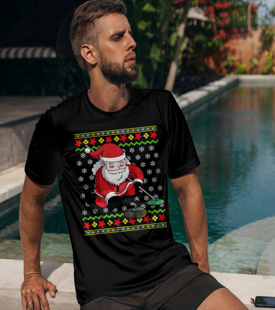Santa Curling Ugly Christmas Sweater Snowflakes T-Shirt