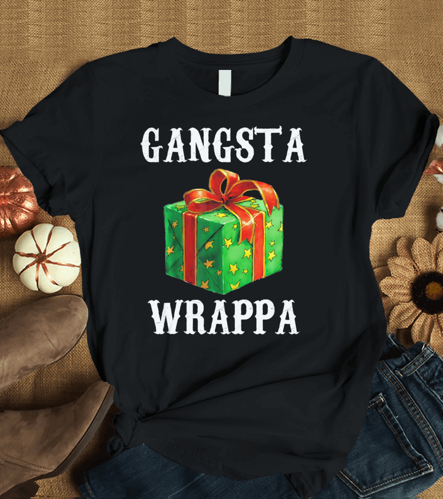 Gangsta Wrappa Green Gift Box with Red Ribbon and Yellow Stars Holiday T-Shirt