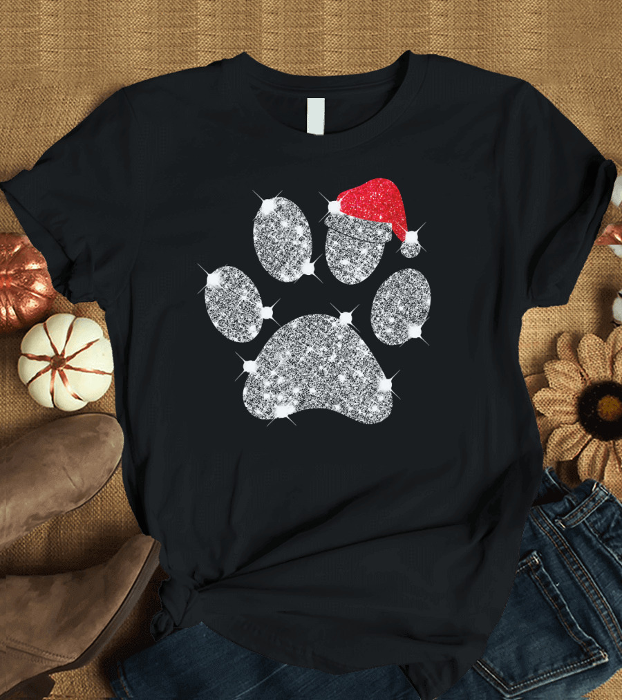 Merry Christmas Paw Santa Hat Sparkle T-Shirt