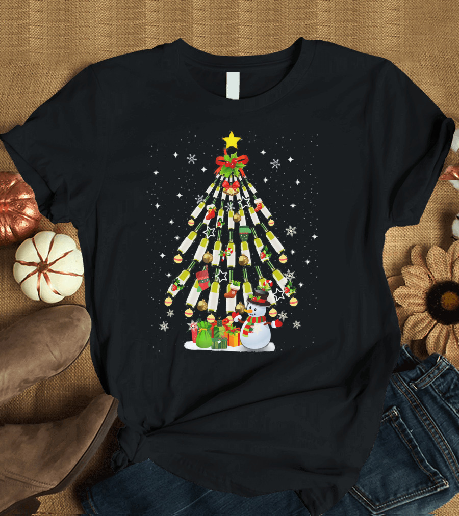 Christmas Wine Bottle Tree with Snowman and Gifts T-Shirt