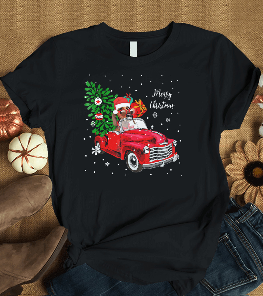 Merry Christmas Santa Dachshund in Red Truck with Gifts and Tree T-Shirt