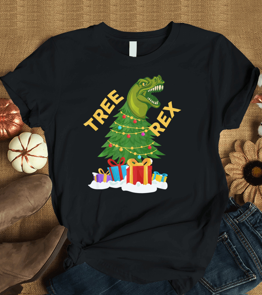 Tree Rex Christmas Dinosaur with Presents and Decorations T-Shirt
