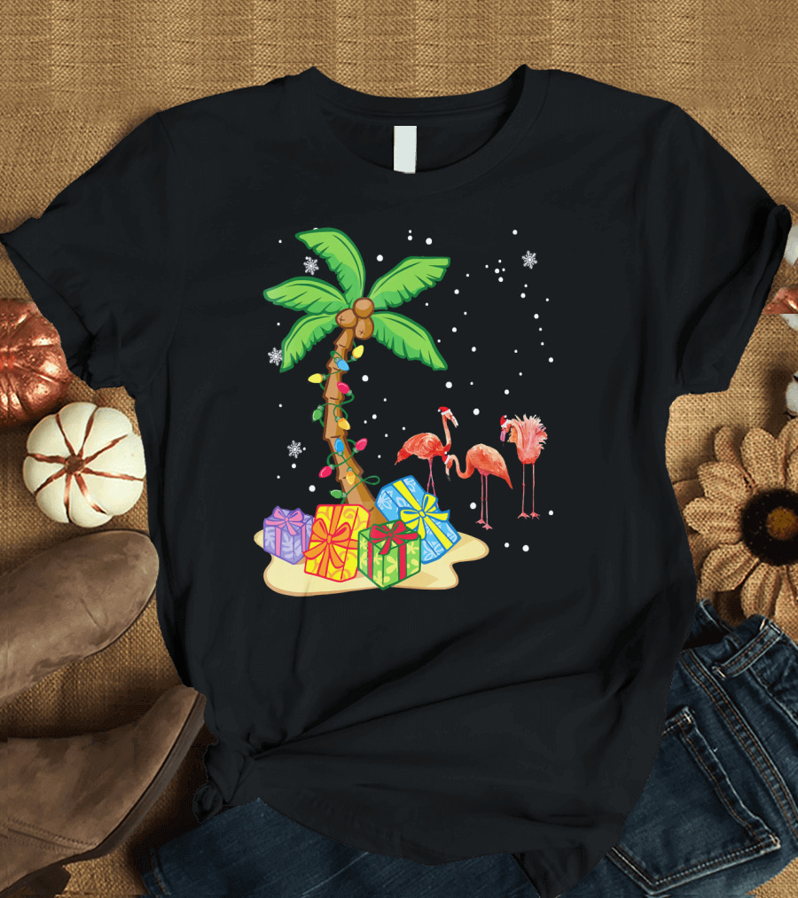 Flamingo Christmas Palm Tree Snow Presents T-Shirt