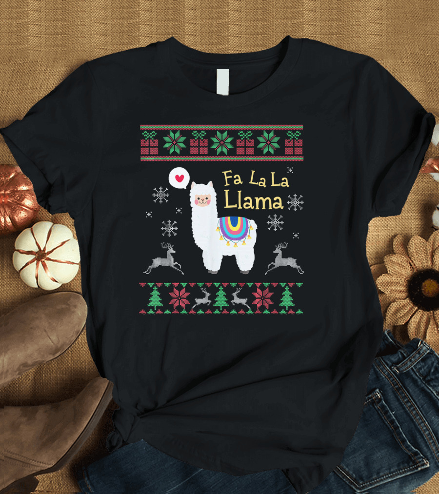 Fa La La Llama Ugly Christmas Snowflakes Reindeer Festive T-Shirt