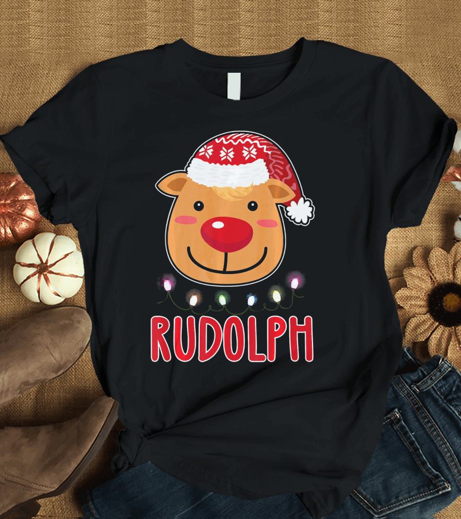 Rudolph Santa Hat Reindeer Lights Christmas T-Shirt