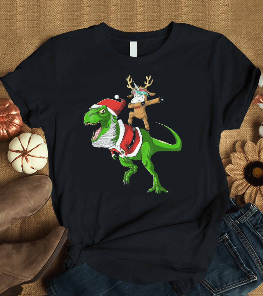 Unicorn Dabbing on Dinosaur Santa with Antlers T-Shirt
