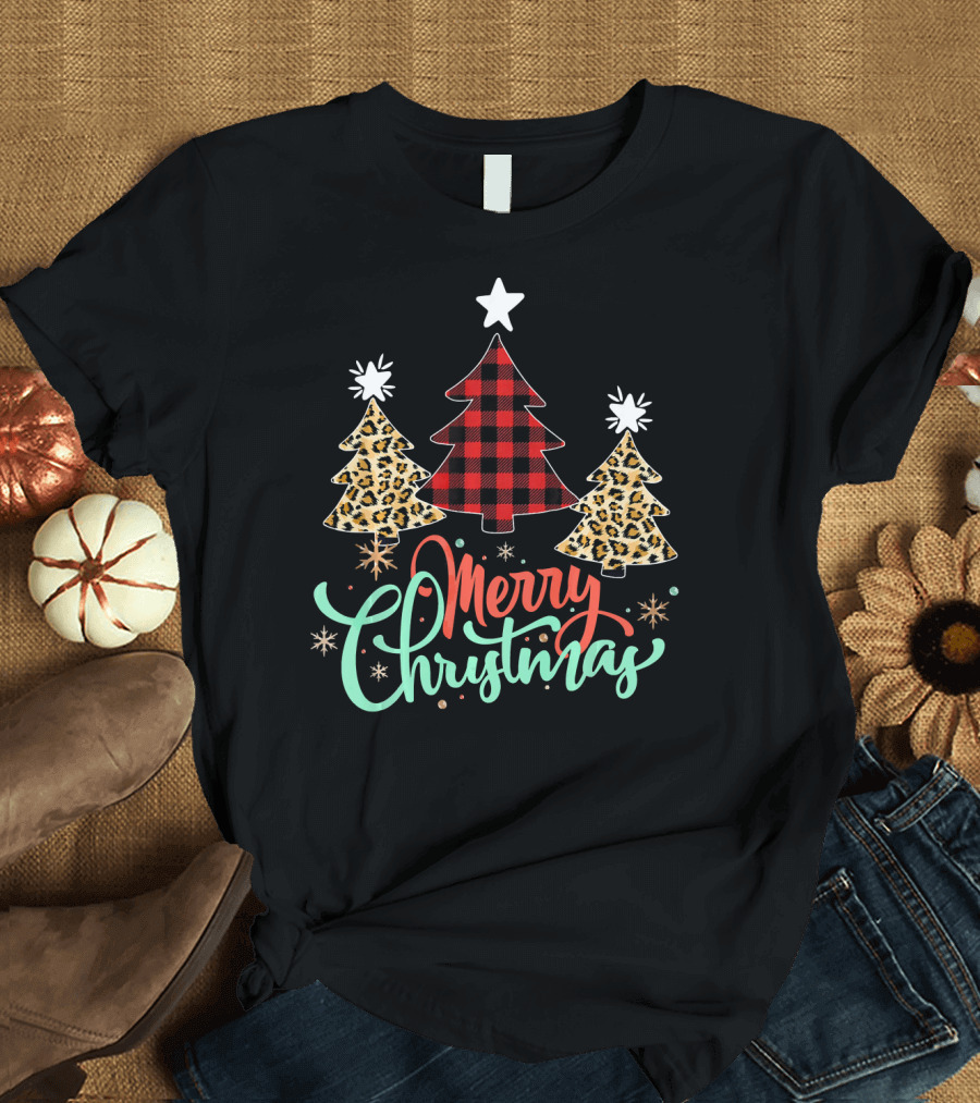 Merry Christmas Leopard Plaid Tree T-Shirt