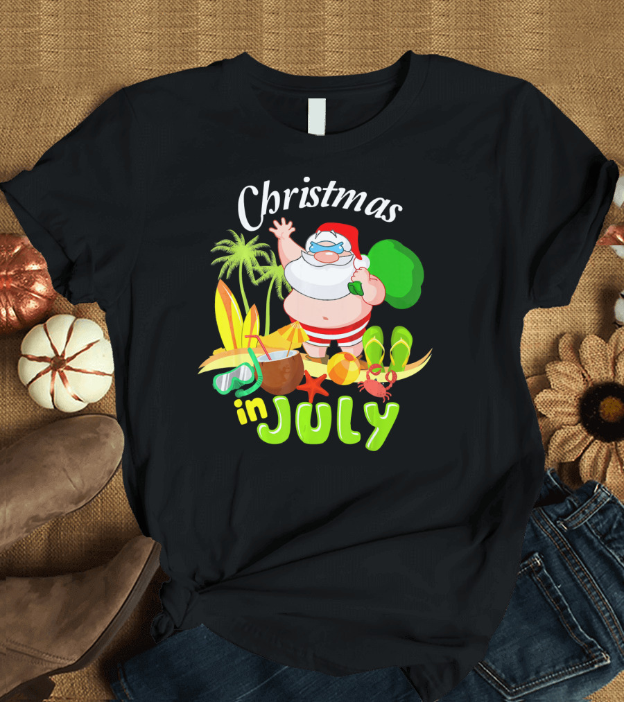 Christmas in July Santa with Surfboards, Palm Trees, Tropical Drinks, and Beach Accessories T-Shirt