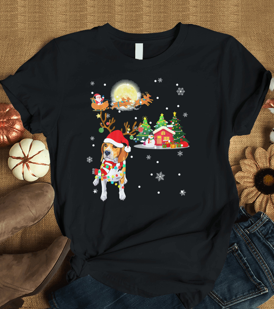 Beagle Christmas Santa Sleigh Trees Snowman Holiday Scene T-Shirt