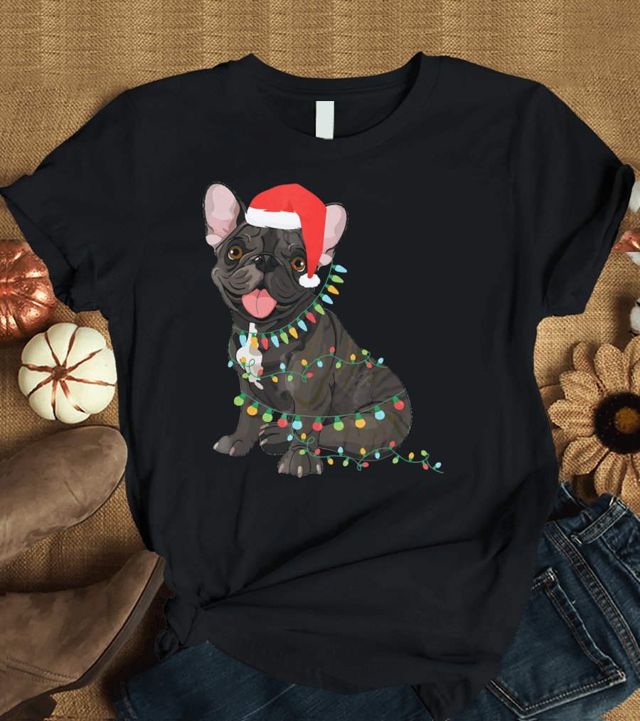 Santa French Bulldog Tangled In Christmas Lights T-Shirt
