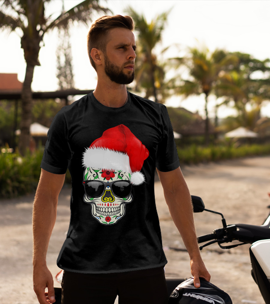 Christmas Santa Hat Day Of The Dead Sugar Skull Suga T-Shirt