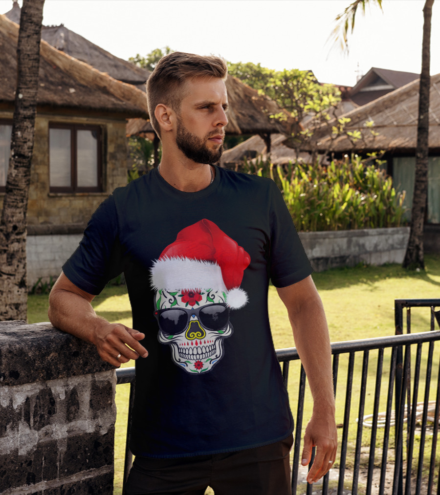 Christmas Santa Hat Day Of The Dead Sugar Skull Suga T-Shirt