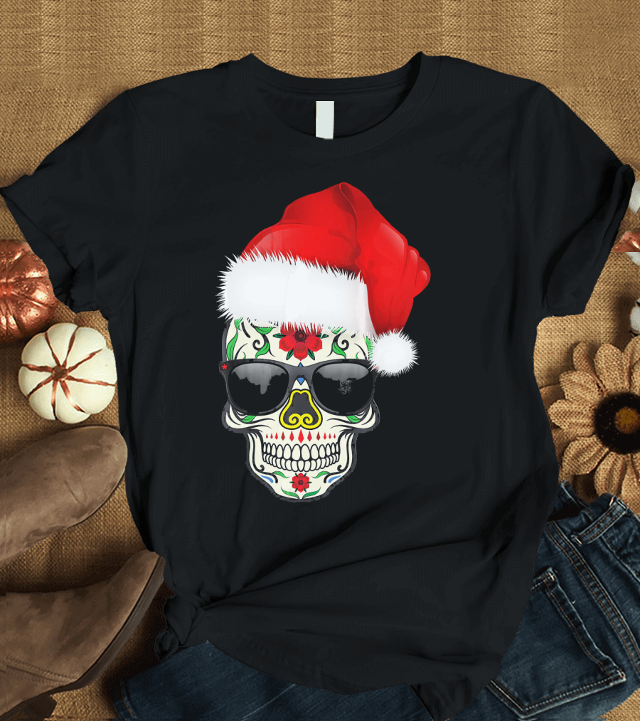 Christmas Santa Hat Day Of The Dead Sugar Skull Suga T-Shirt
