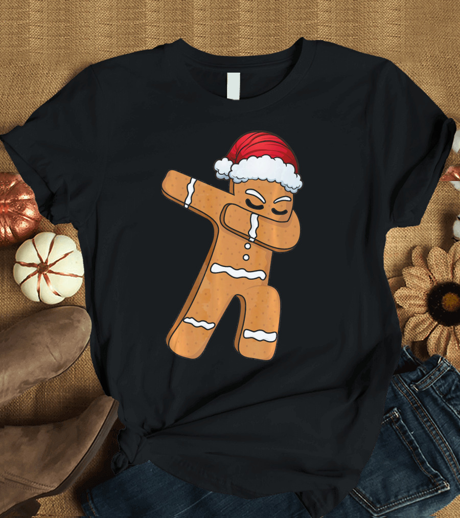 Dabbing Gingerbread Man with Santa Hat Holiday Fun T-Shirt