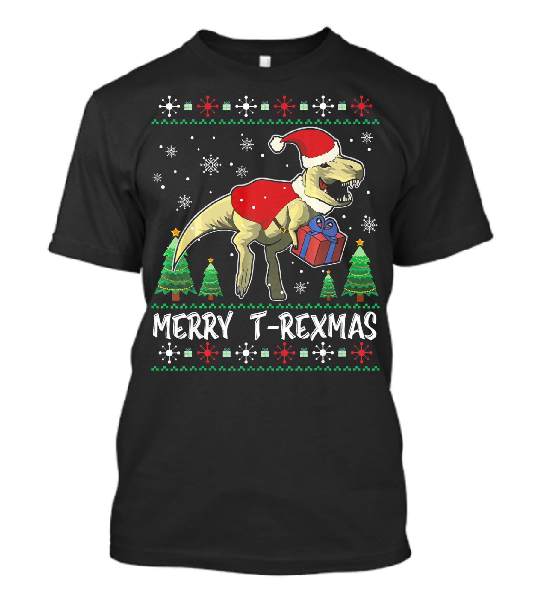 Merry T-Rexmas Dinosaur Santa Claus Holiday Snowflakes Trees T-Shirt