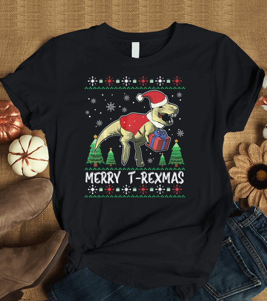 Merry T-Rexmas Dinosaur Santa Claus Holiday Snowflakes Trees T-Shirt