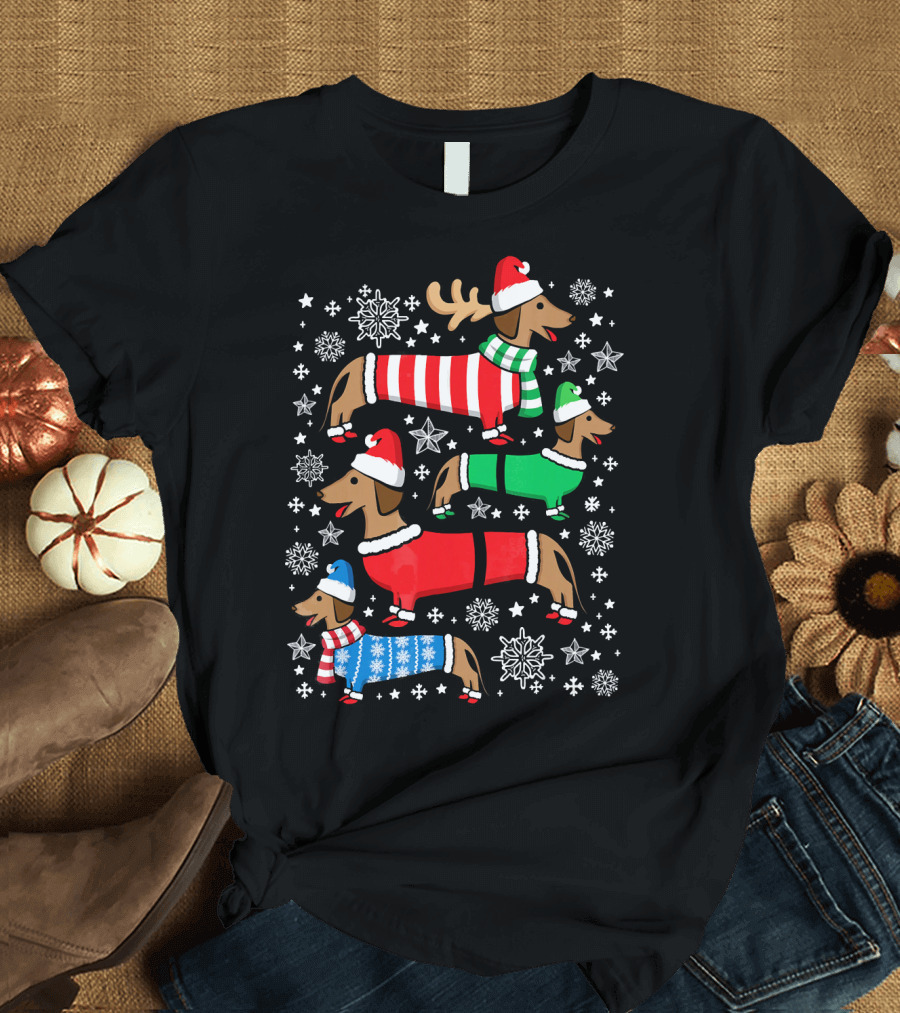 Dachshund Merry Christmas Weiner Ugly Sweater Santa Reindeer Snowflakes T-Shirt