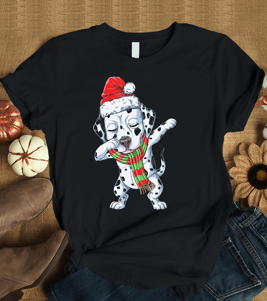 Dabbing Dalmatian Puppy in Santa Hat and Festive Scarf T-Shirt