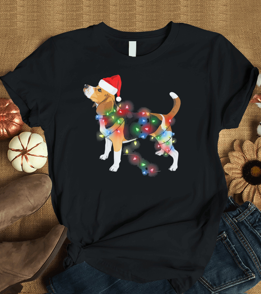 Beagle with Christmas Lights and Santa Hat T-Shirt