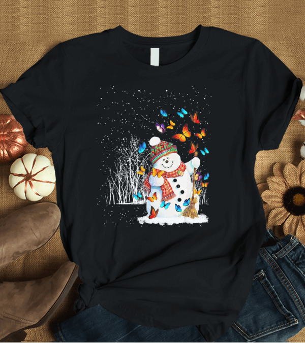T-Shirt: Snowman with Butterflies in a Snowy Forest T-Shirt Snowman with Butterflies in a Snowy Forest T-Shirt