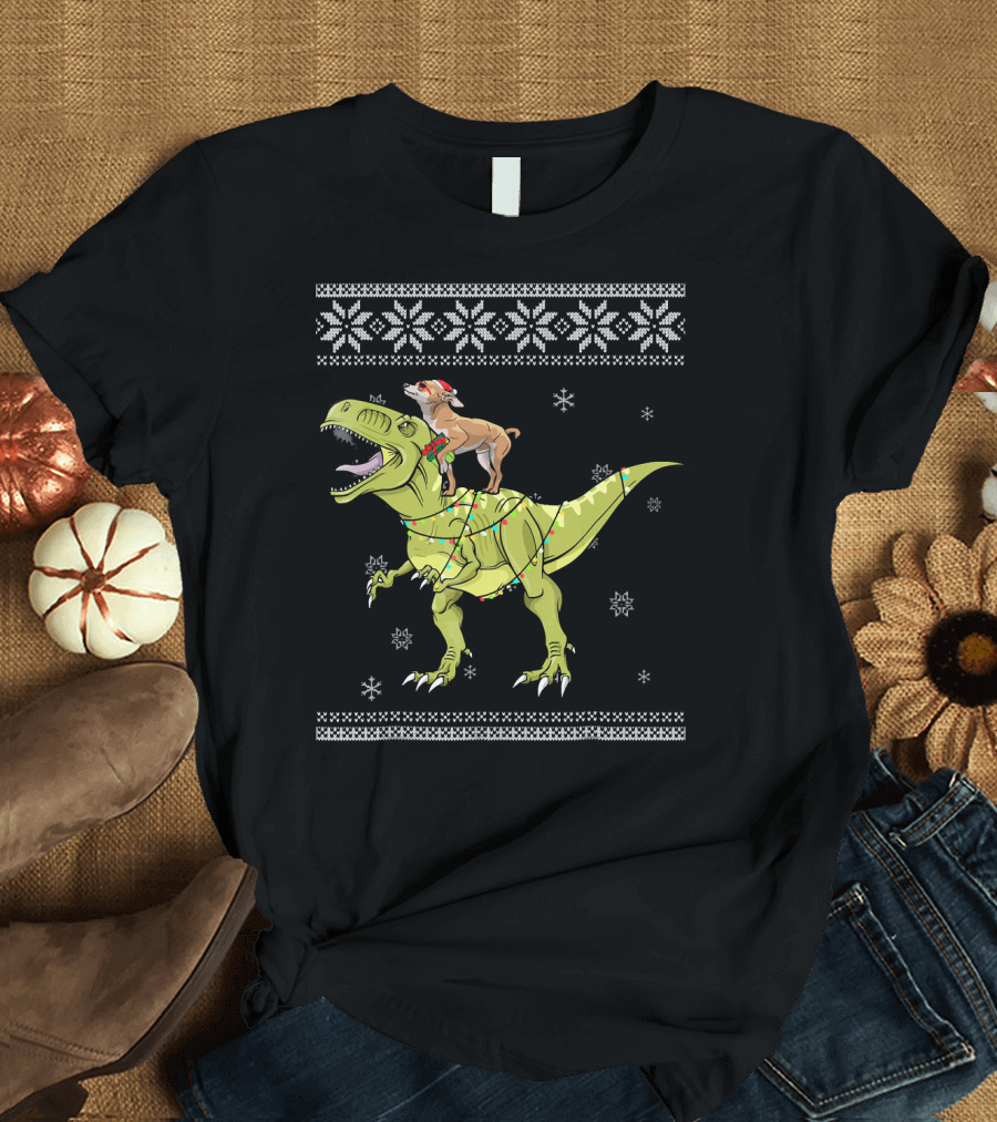 Chihuahua Riding Rex Dinosaur with Christmas Lights and Snowflakes T-Shirt