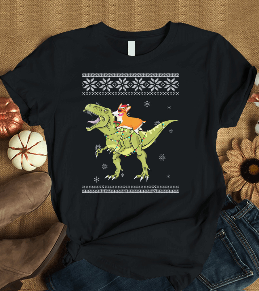 Corgi Riding T-Rex Dinosaur Christmas Lights Snowflakes Ugly T-Shirt