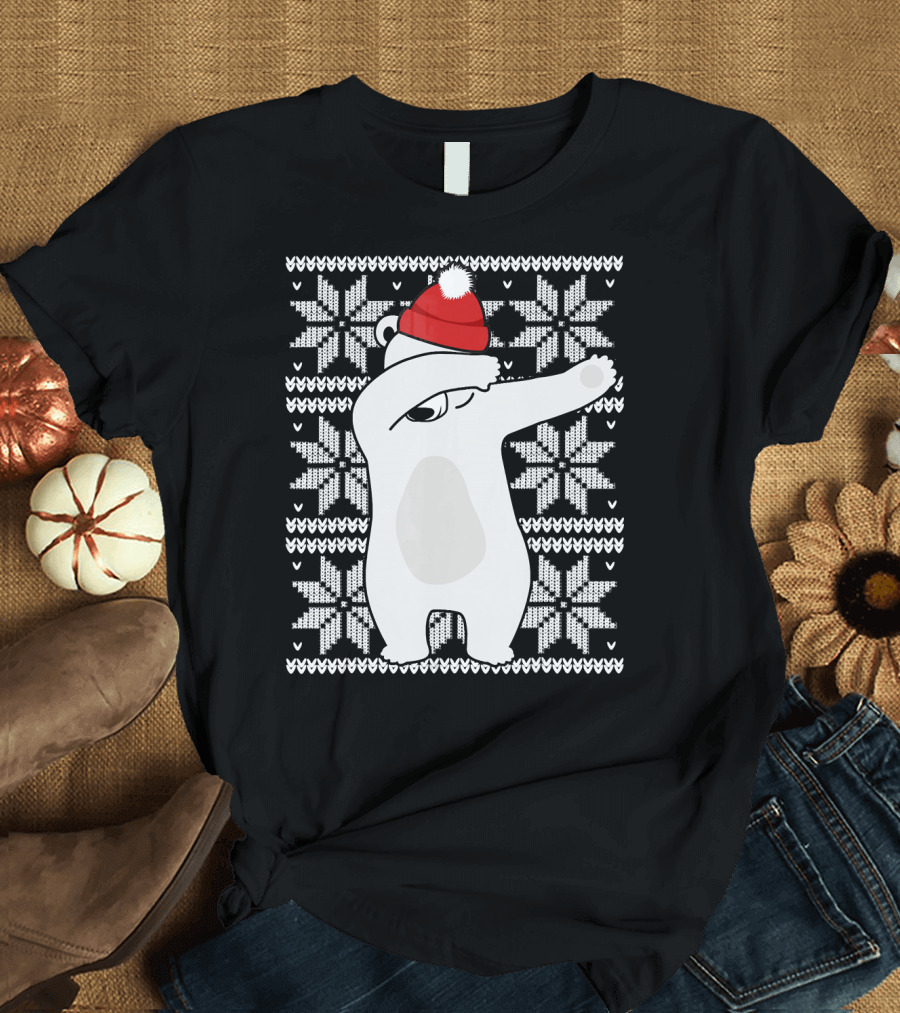 UGLY CHRISTMAS Dabbing Polar Bear in Santa Hat with Snowflake T-Shirt