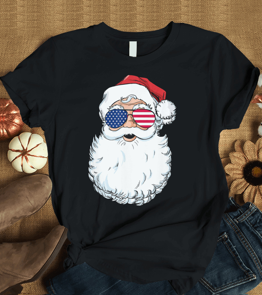 Santa Claus Patriotic USA Sunglasses Christmas T-Shirt