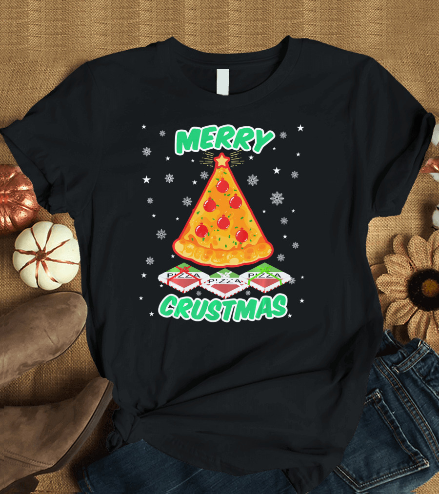 MERRY CRUSTMAS Funny Pizza Christmas Tree with Snowflakes and Pizza Boxes T-Shirt