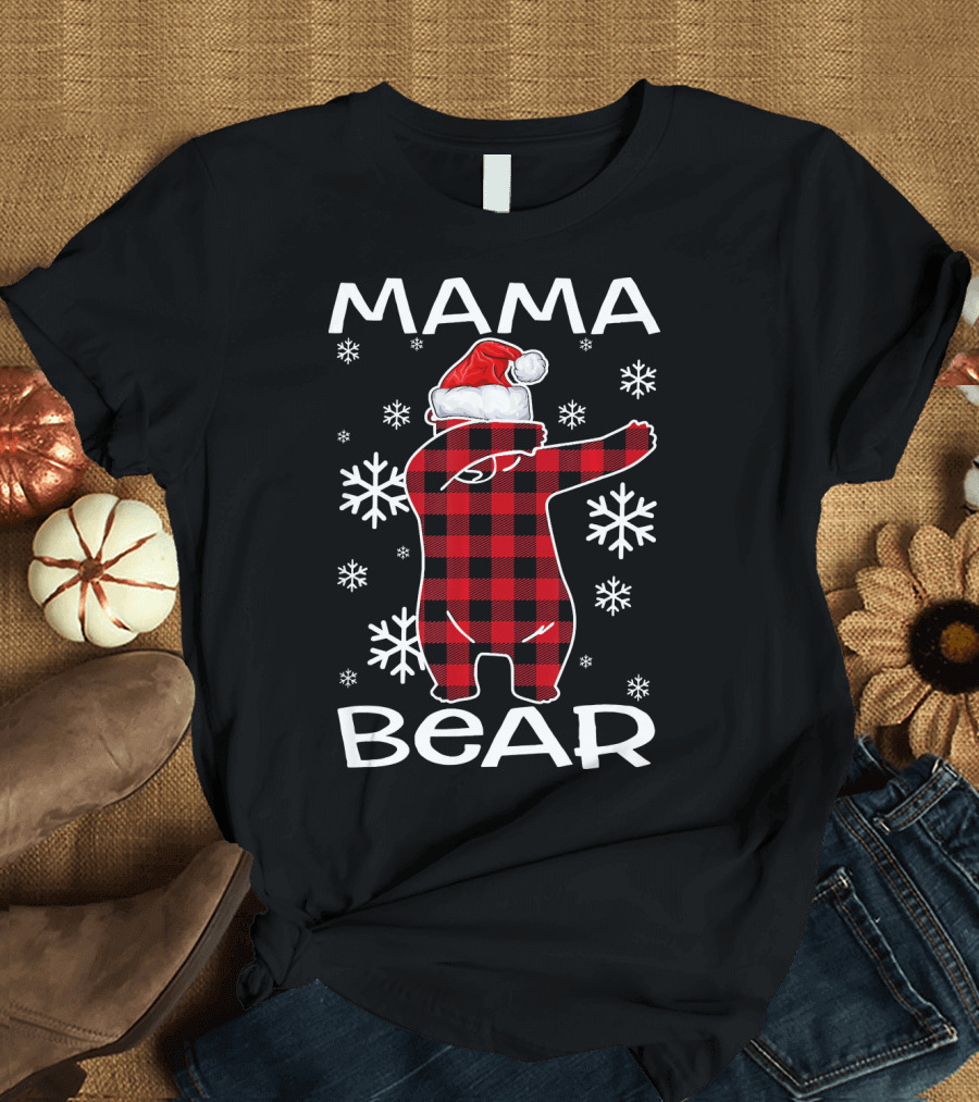 Mama Bear Dabbing Santa Hat Snowflakes T-Shirt