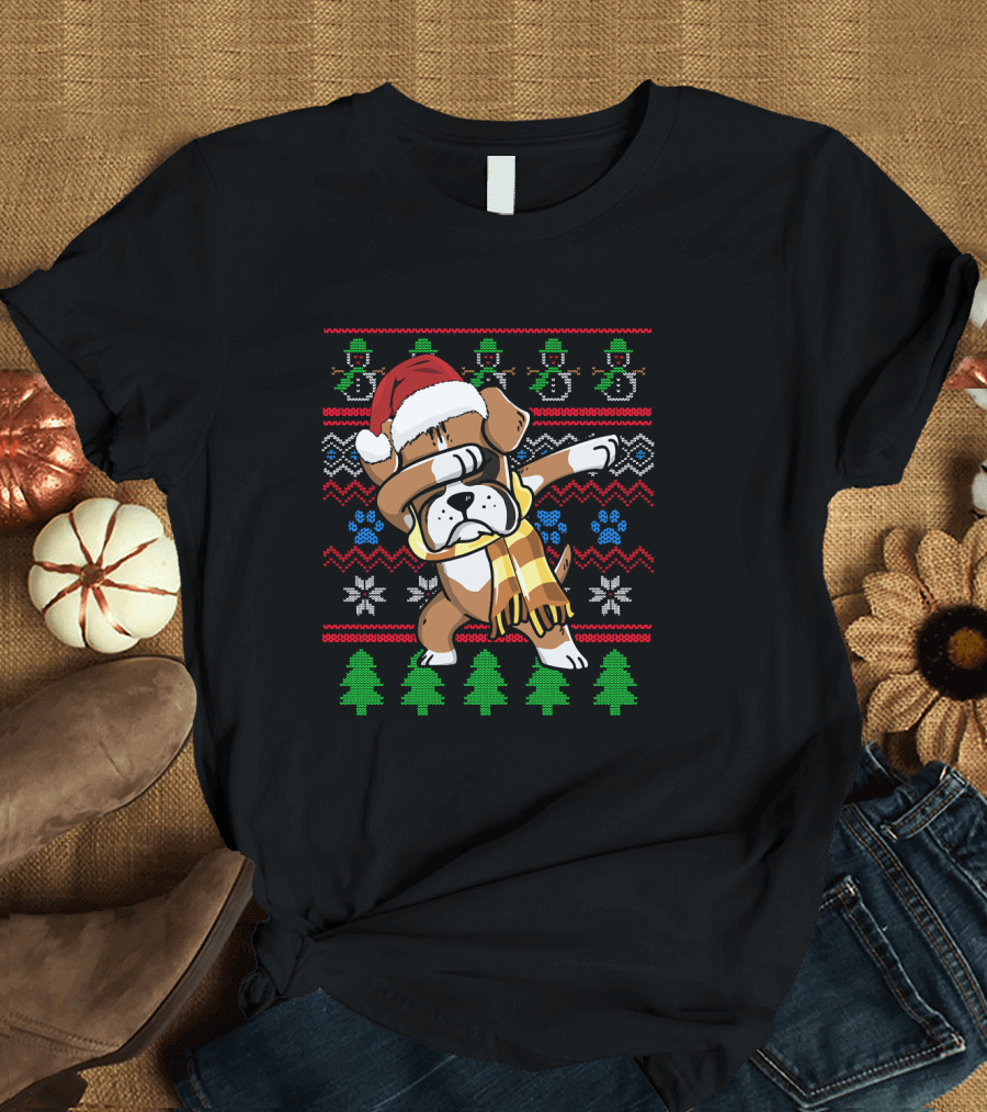 Xmas Boxer Dabbing Santa Hat UglyStyle Sweater Pattern Snowflakes Trees T-Shirt