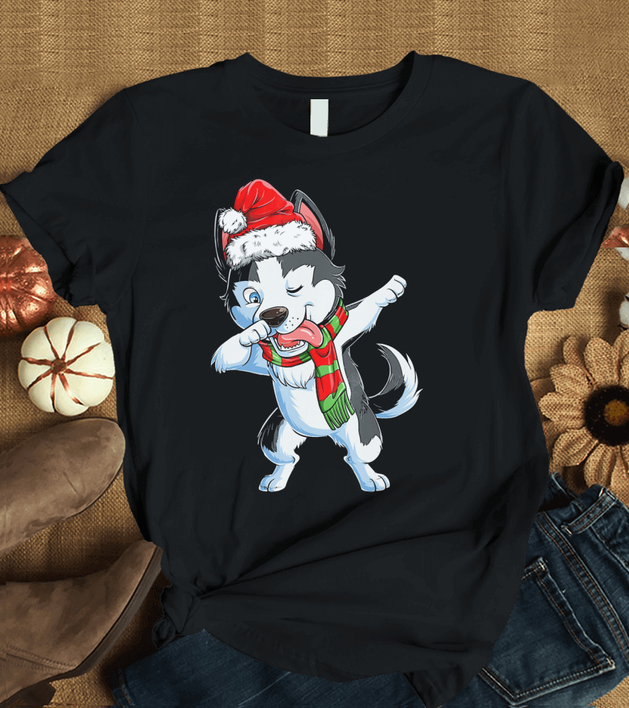 Dabbing Siberian Husky Santa Christmas Dog with Scarf T-Shirt