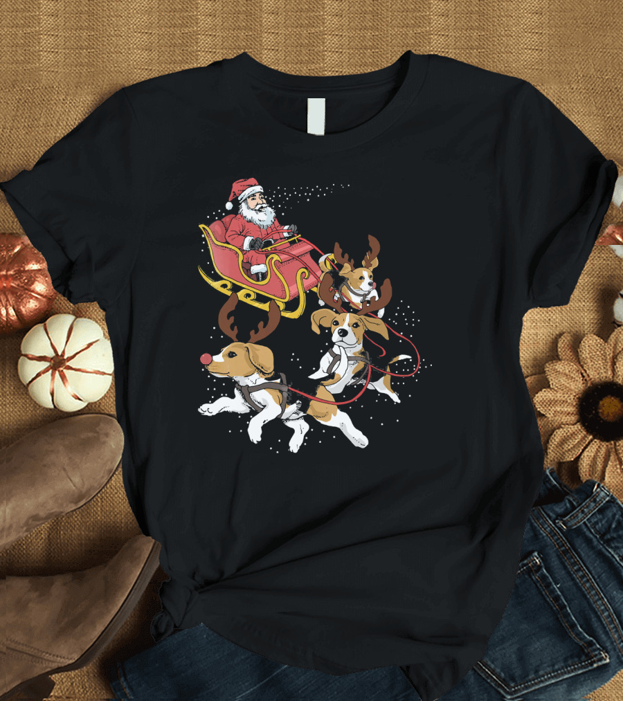 Santa's Sleigh with Beagle Reindeer Trio T-Shirt