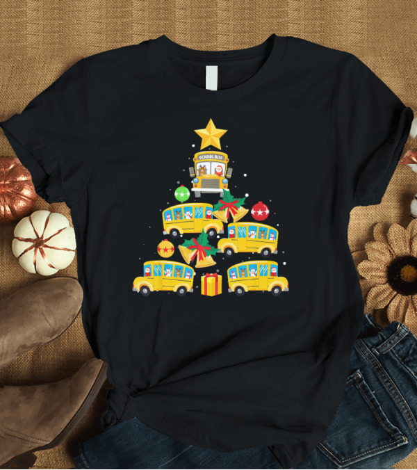 T-Shirt: School Bus Christmas Tree with Santa Reindeer Ornaments and Gifts T-Shirt School Bus Christmas Tree with Santa Reindeer Ornaments and Gifts T-Shirt