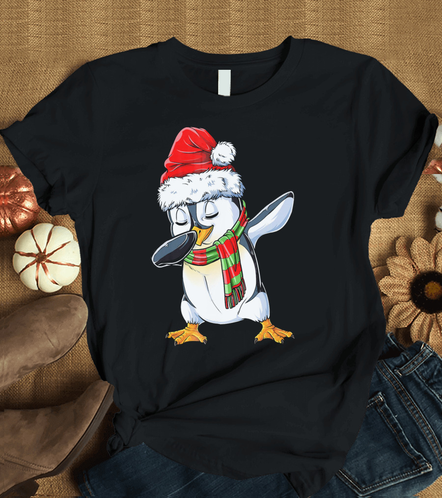 Dabbing Penguin Santa Claus with Festive Scarf T-Shirt