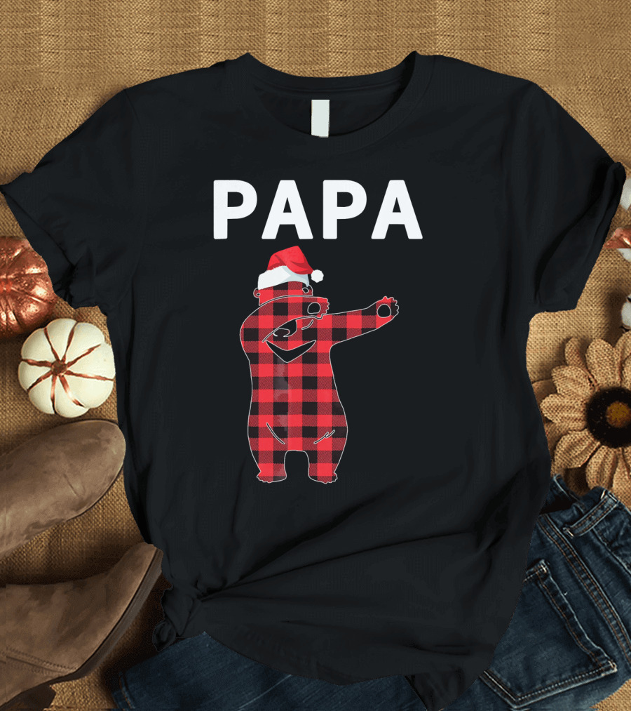 PAPA Bear Plaid Santa Hat Christmas Dabbing T-Shirt
