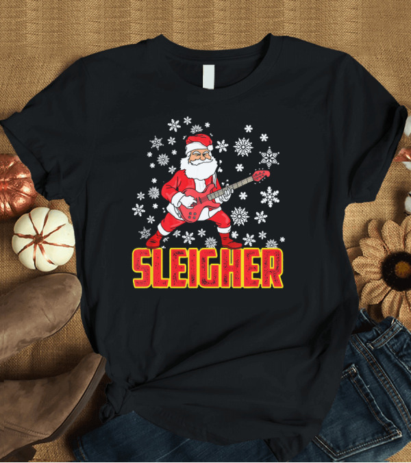 T-Shirt: Sleigher Santa Claus with Guitar and Snowflakes T-Shirt Sleigher Santa Claus with Guitar and Snowflakes T-Shirt
