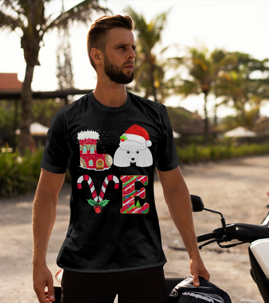 I Love My Poodle Funny Christmas Poodle Candy Cane Santa Hat Holiday Boot T-Shirt