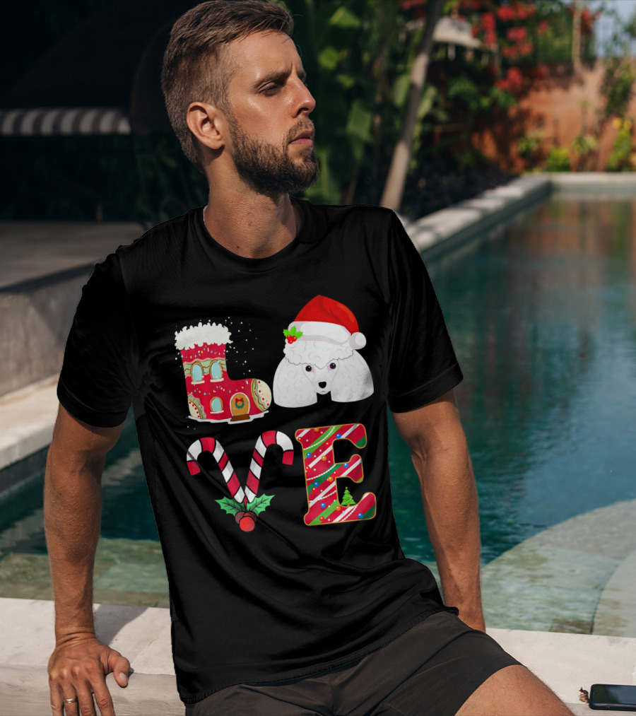 I Love My Poodle Funny Christmas Poodle Candy Cane Santa Hat Holiday Boot T-Shirt
